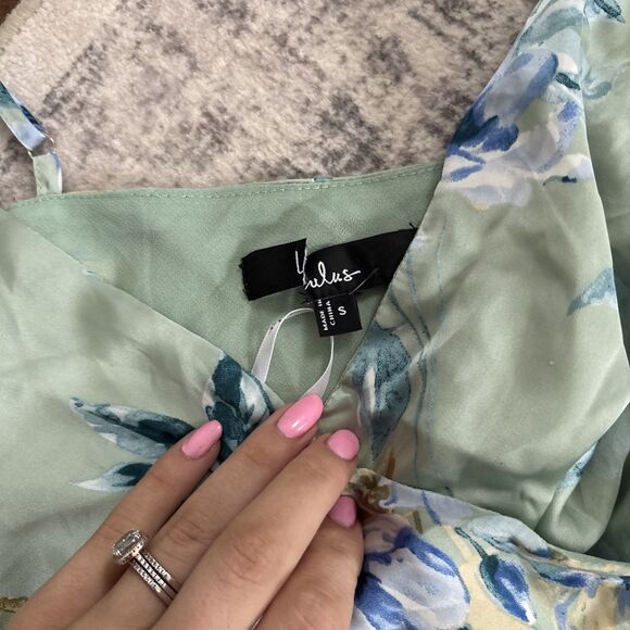 Lulus Captivating Grace Sage Green Floral Satin Ruffled Maxi Dress Size Small - Picture 5 of 11